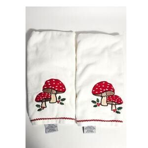 Set of 2 Mushroom Toadstool Plush Hand Towels Applique Embroidered